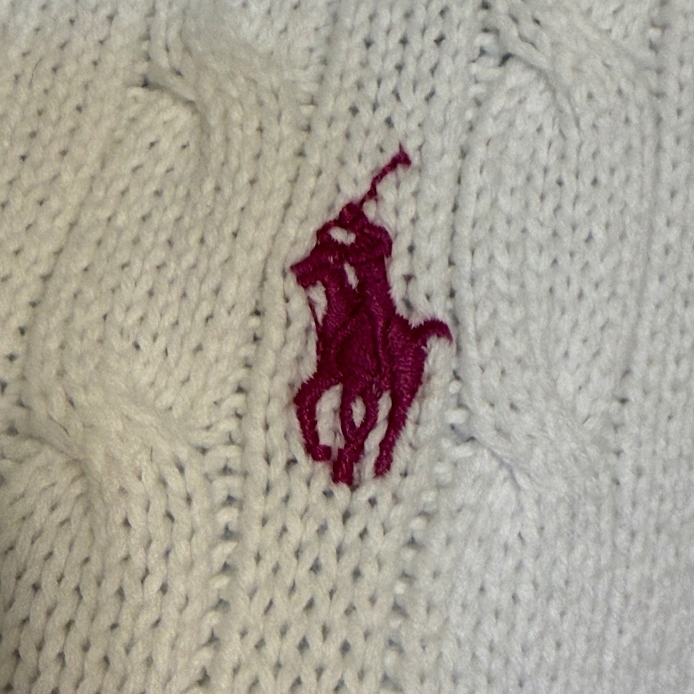 🆕 RALPH LAUREN SPORT White Cable Knit Full Zip Hooded Sweater Pink Pony Logo S - Picture 6 of 8